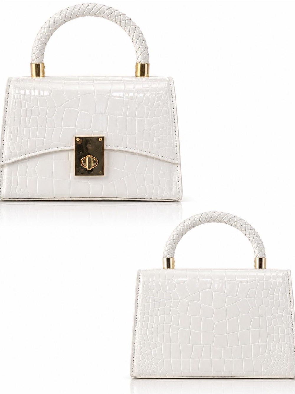 White Croc-Embossed Top Handle Bag with Gold Hardware